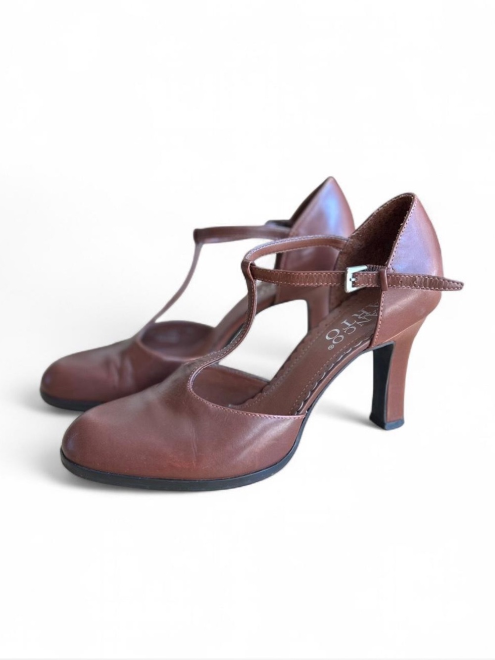 Franco Sarto Mary Jane T-strap Heels Brown Leather Buckle Pumps Women's Size 7M